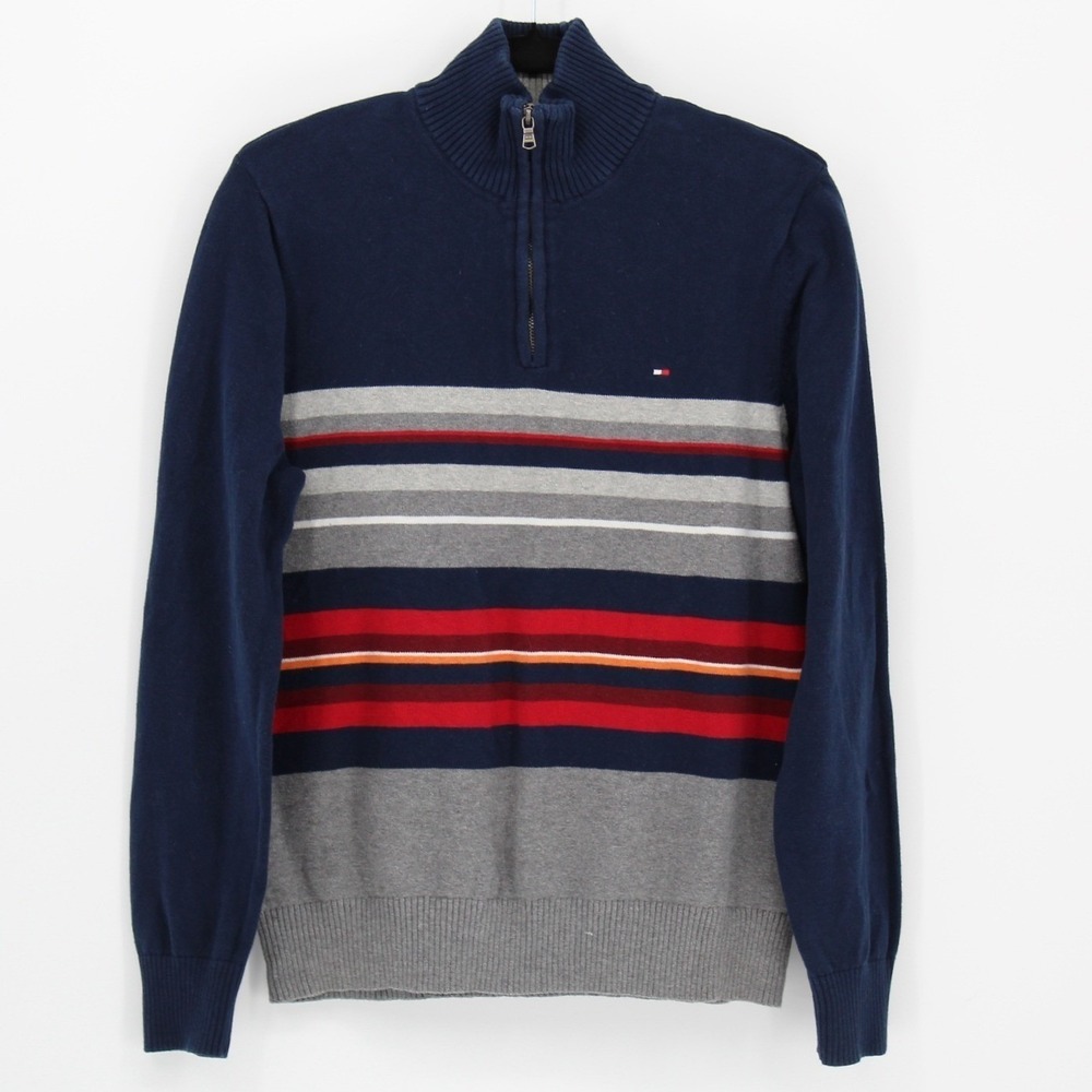 Tommy Hilfiger Medium $98 100% Cotton Navy Gray Red Striped Quarter Zip Sweater